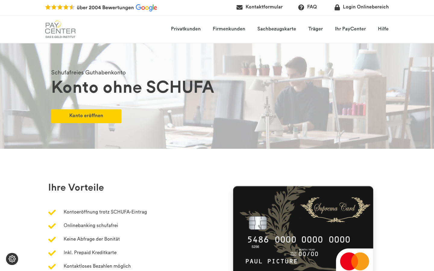 Startseite von PayCenter Konto ohne SCHUFA