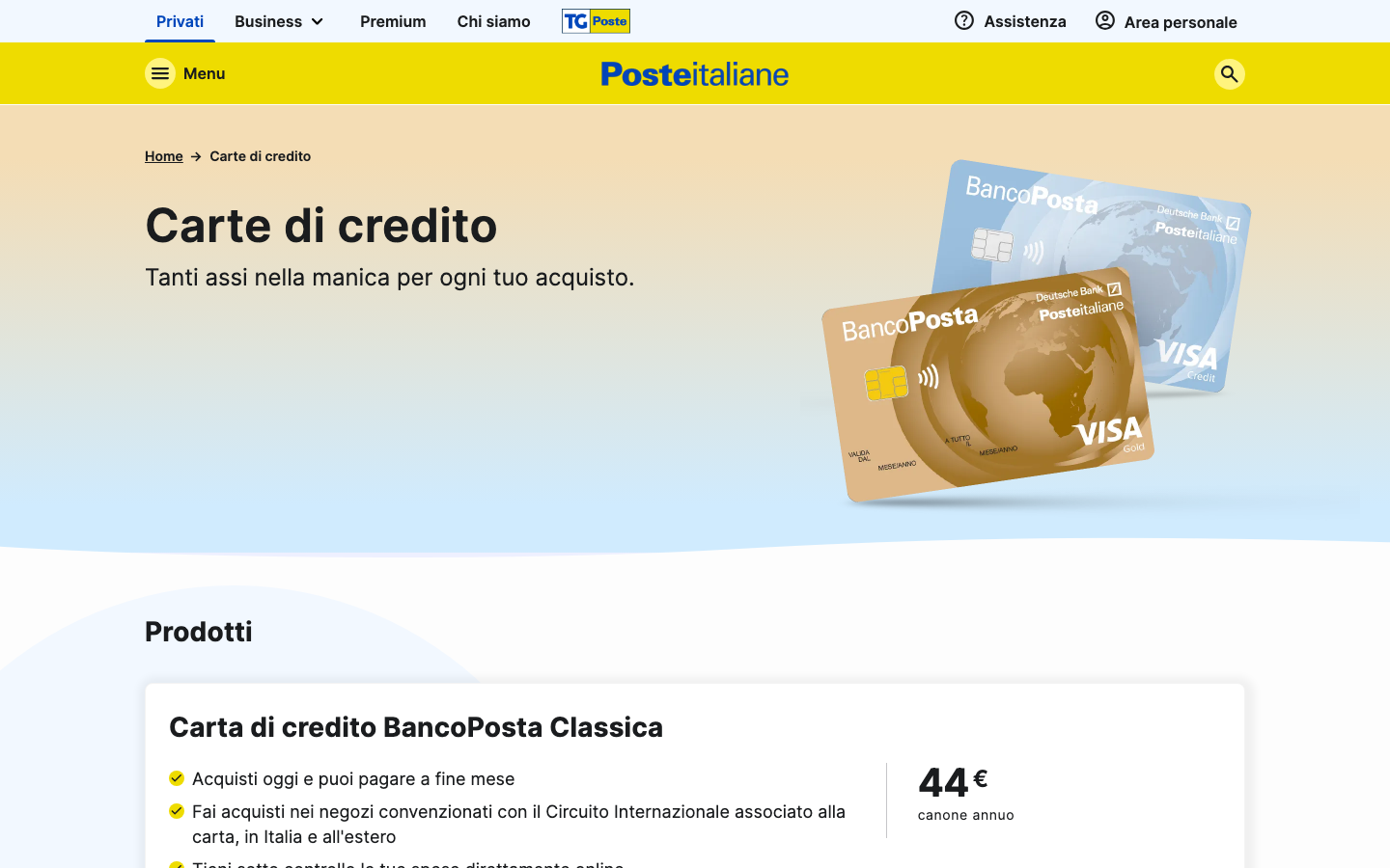 Screenshot della pagina ufficiale Poste Italiane con le carte di credito BancoPosta Classica e Oro.