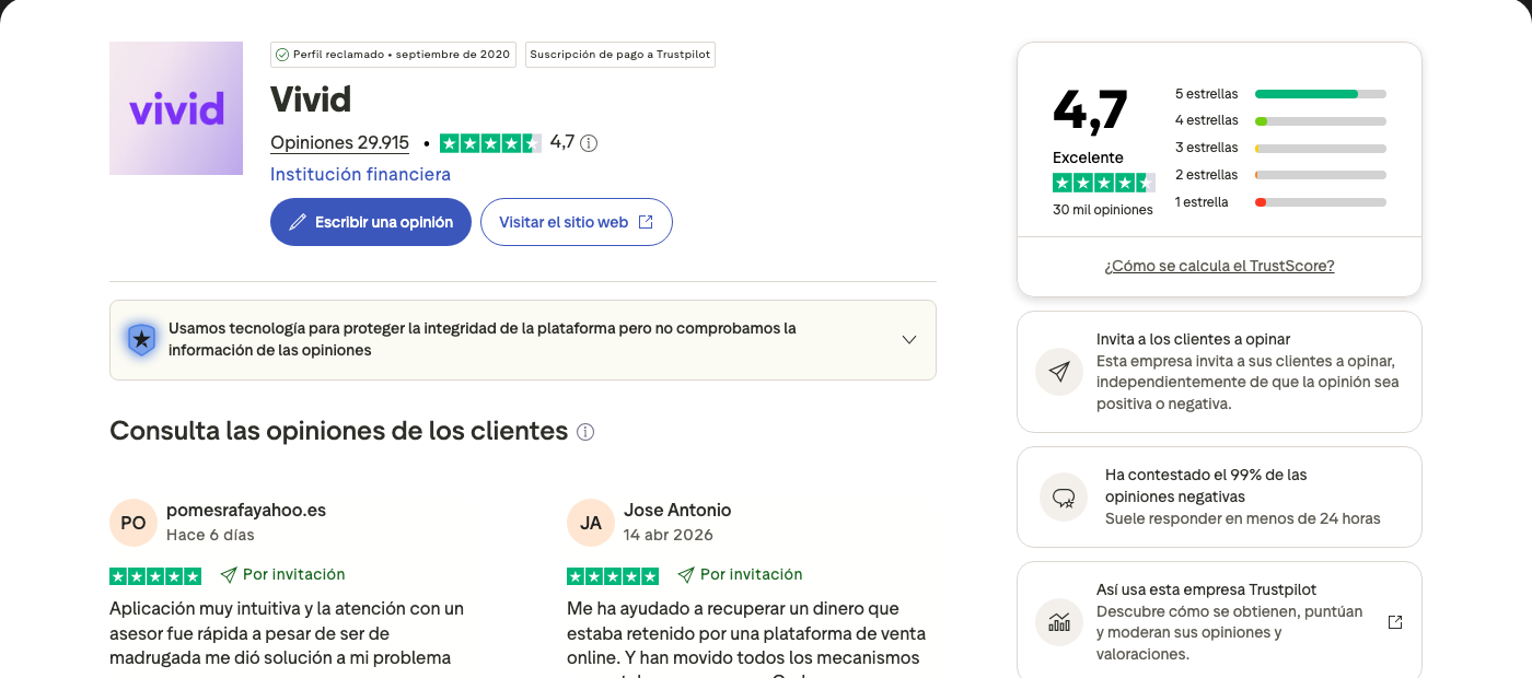 Captura de la página de opiniones de Vivid Money en Trustpilot con su puntuación TrustScore