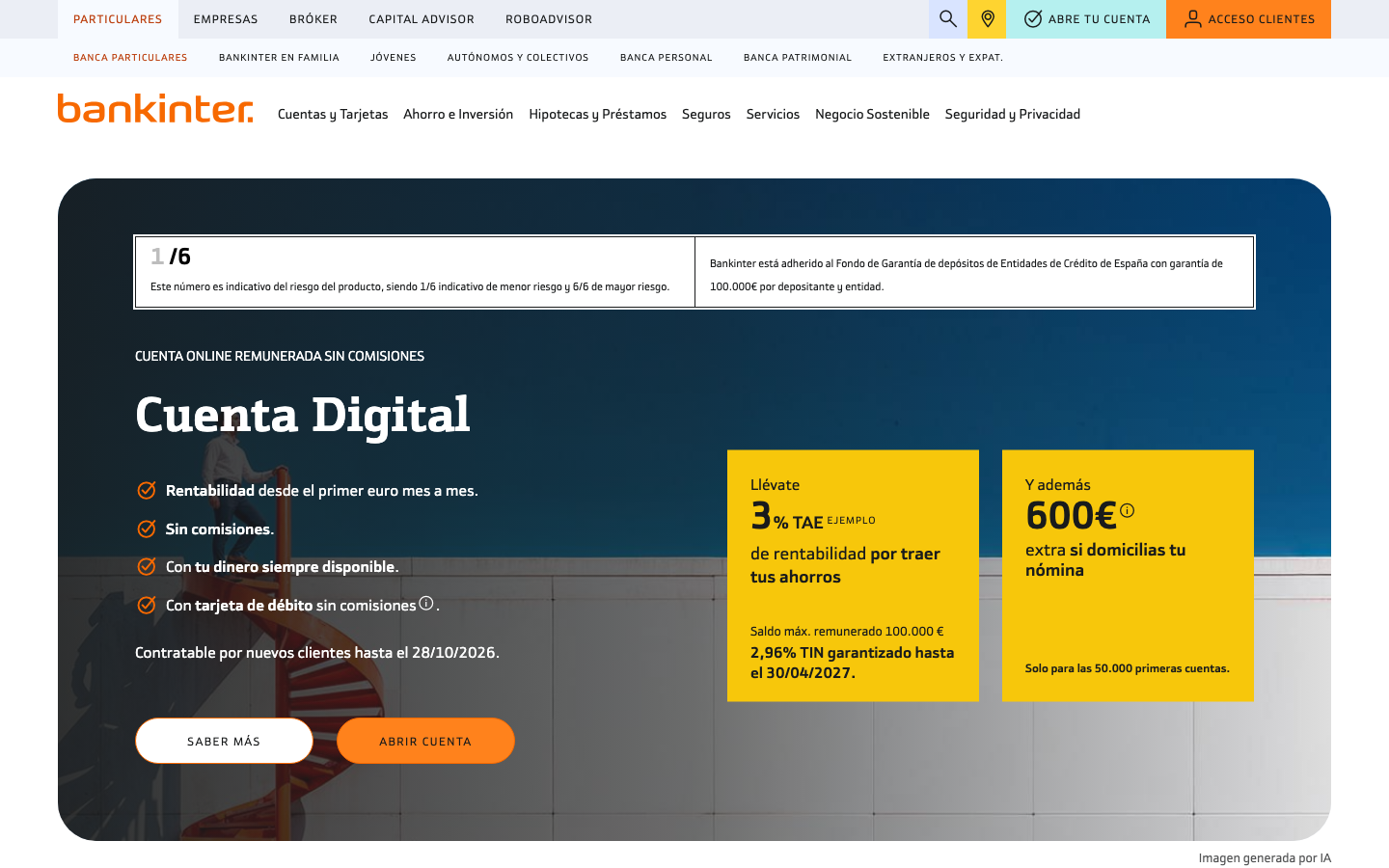 Página de inicio de bankinter.com mostrando la Cuenta Digital y la Cuenta Nómina para particulares.