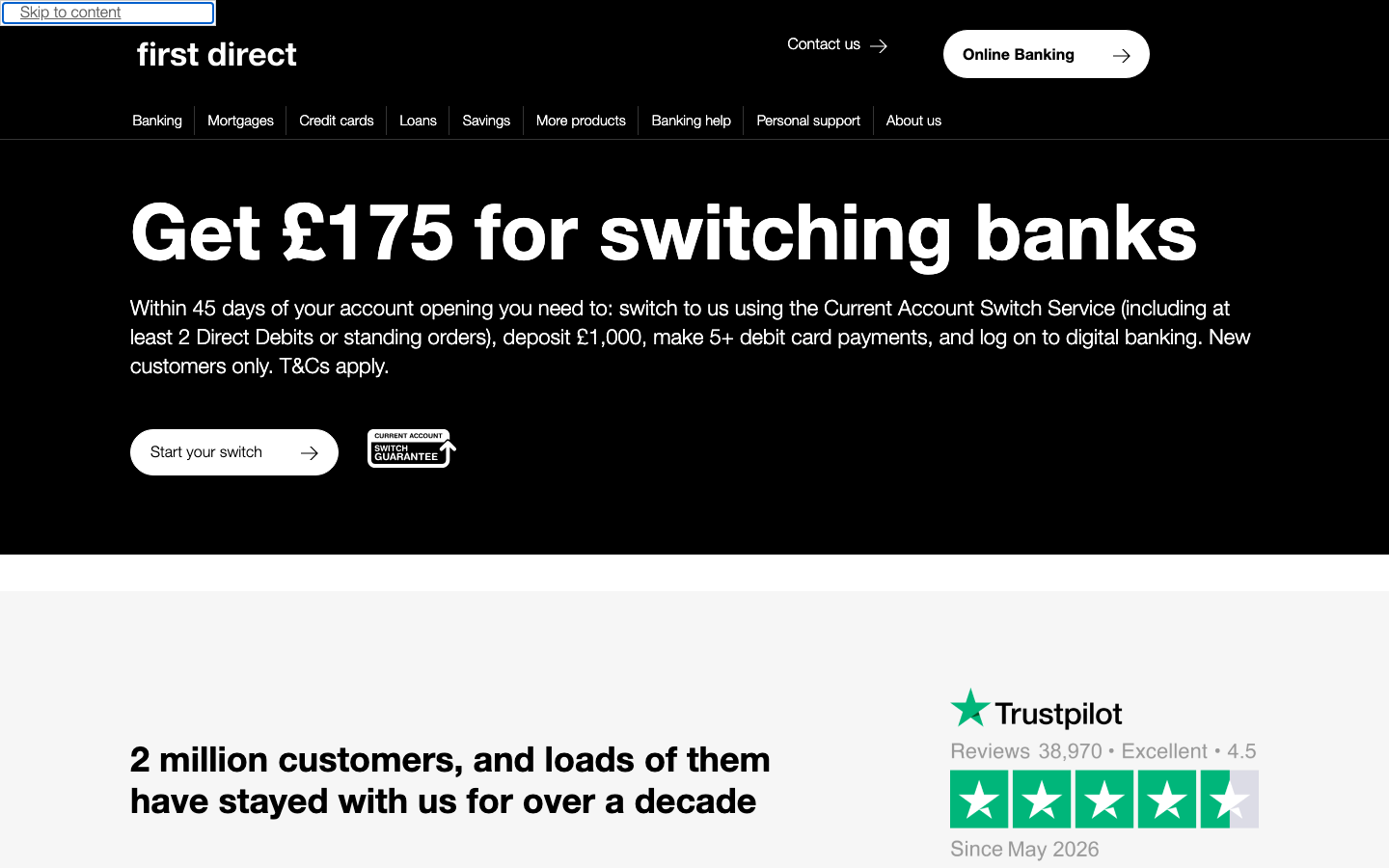 first direct homepage showing the current £175 switching offer and Trustpilot rating.