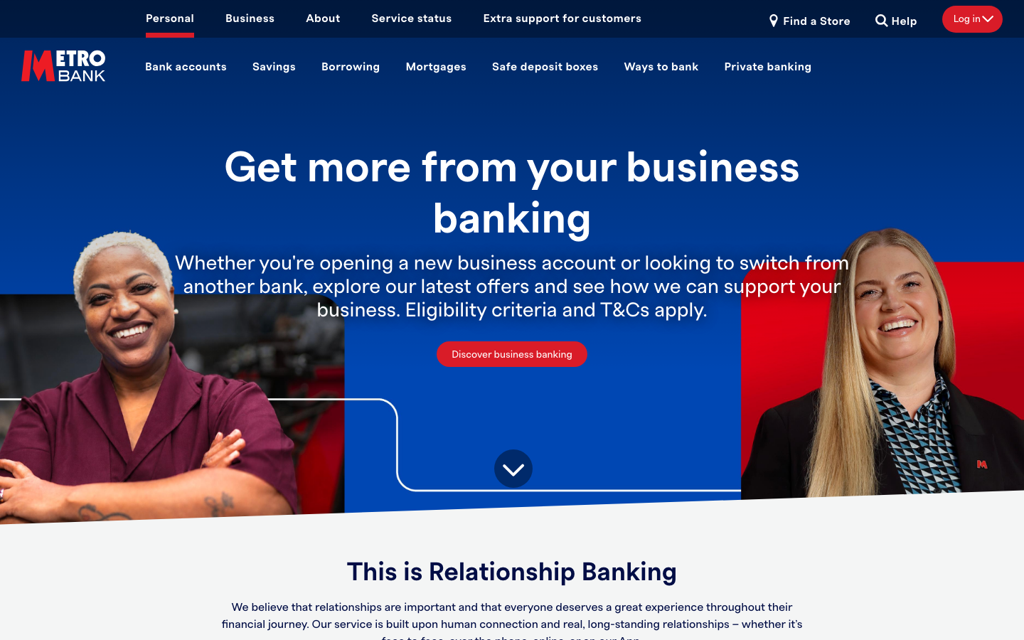 Metro Bank homepage screenshot showing the store locator and account options