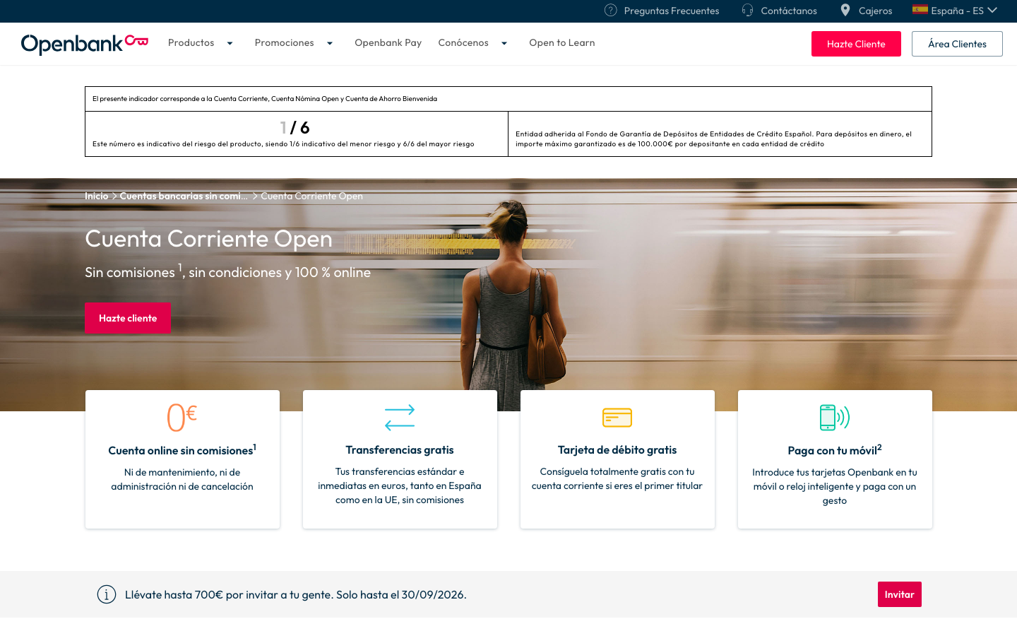Captura de la página oficial de la Cuenta Corriente Open de Openbank en España