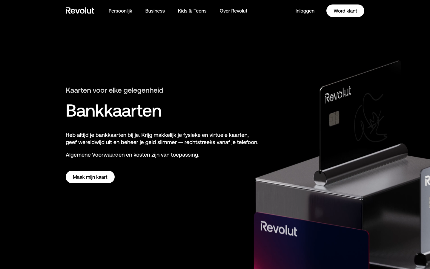 Officiële Revolut Nederland pagina over bankkaarten, met bevestiging dat het een debetkaart is