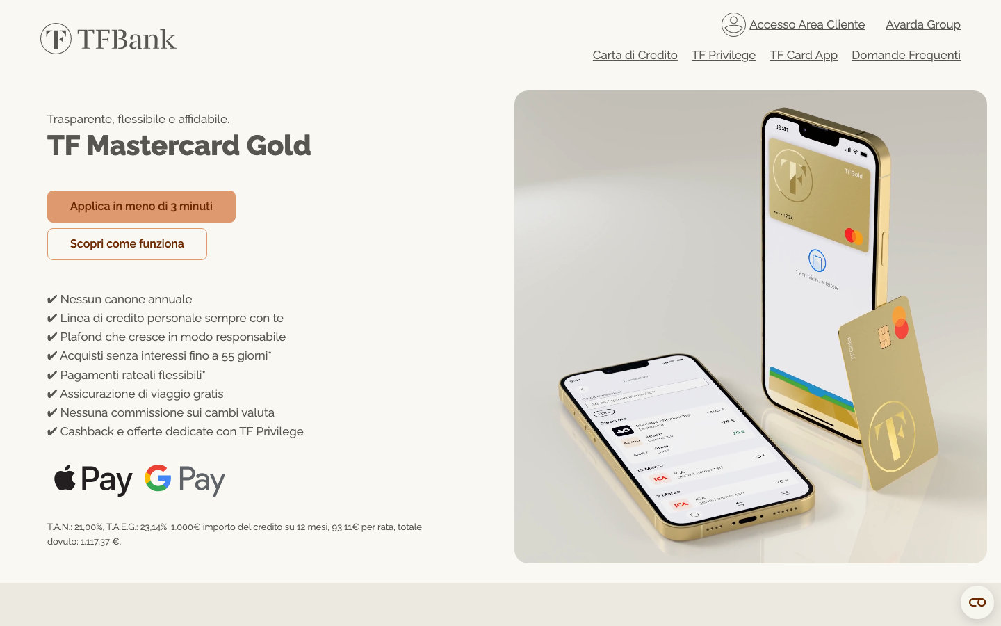 Pagina prodotto TF Mastercard Gold su tfbank.it con TAN 21,00% e TAEG 23,14%